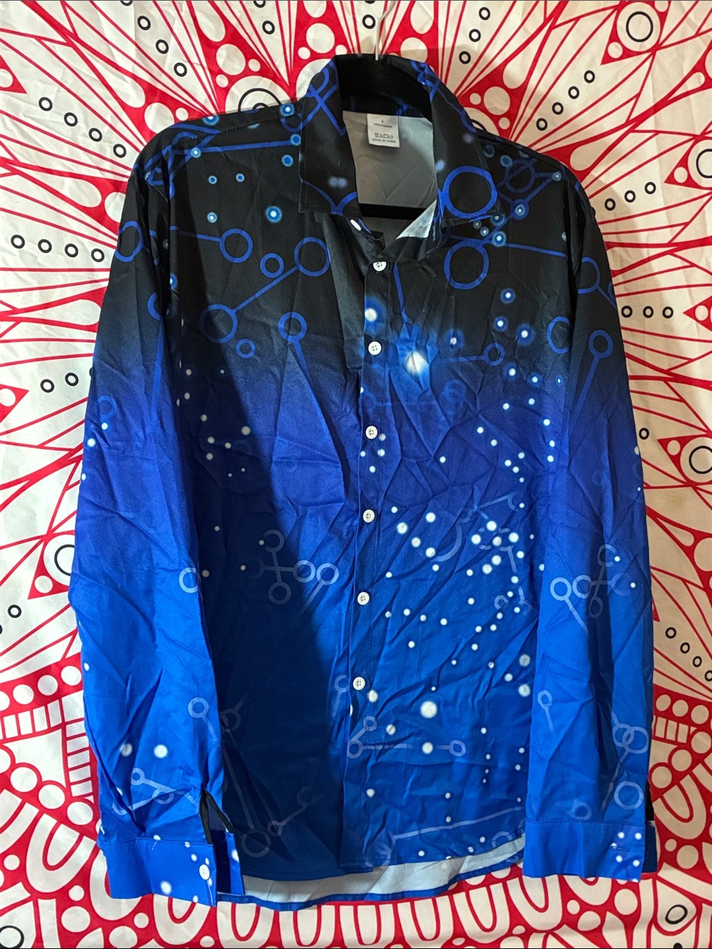 Blue to Black Gradient Button-Up Shirt with Orbital Dot Print